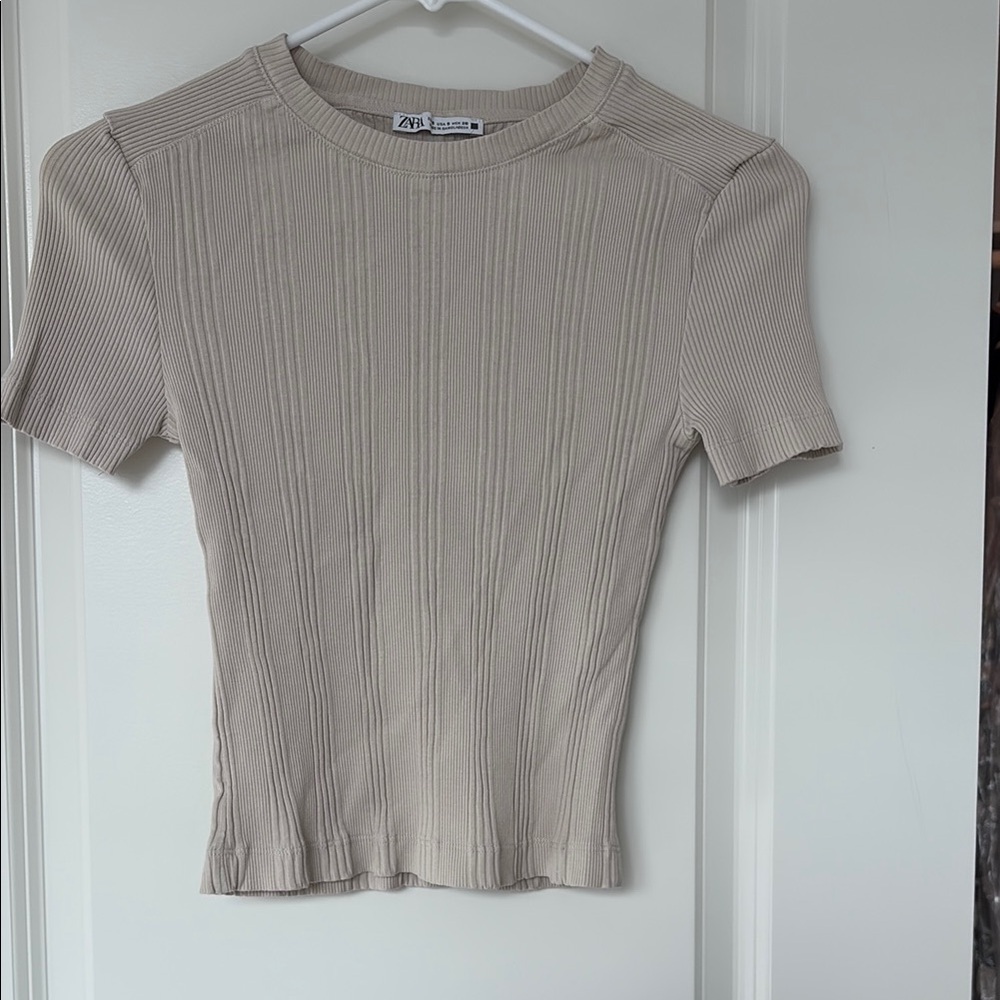 Zara Tan Ribbed Fitted Short Sleeve T-Shirt